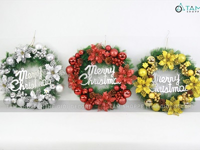 Vòng nguyệt quế Noel 4 hoa trạng nguyên kim tuyến ĐK45cm VNGQ-X-45